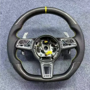 Yeedercar Custom Gloss Black Carbon fiber steering wheel with light Yellow stitching with airbag for Porsche 911 918 Panamera