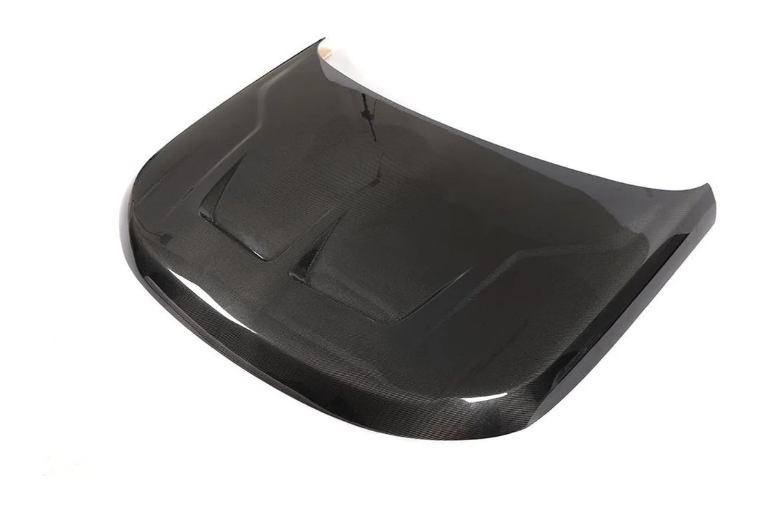 Carbon fiber vented hood for Range Rover Sport L494 seen at an angle showing the underside structure