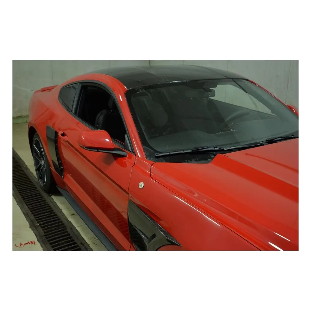 Custom Carbon Fiber Roof Cover Trim for Ford Mustang Coupe 2-Door (2015-2017) — detail shot of the mounting edge