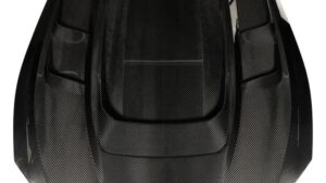 Vented carbon fiber hood for Ford Mustang S650 on a white background