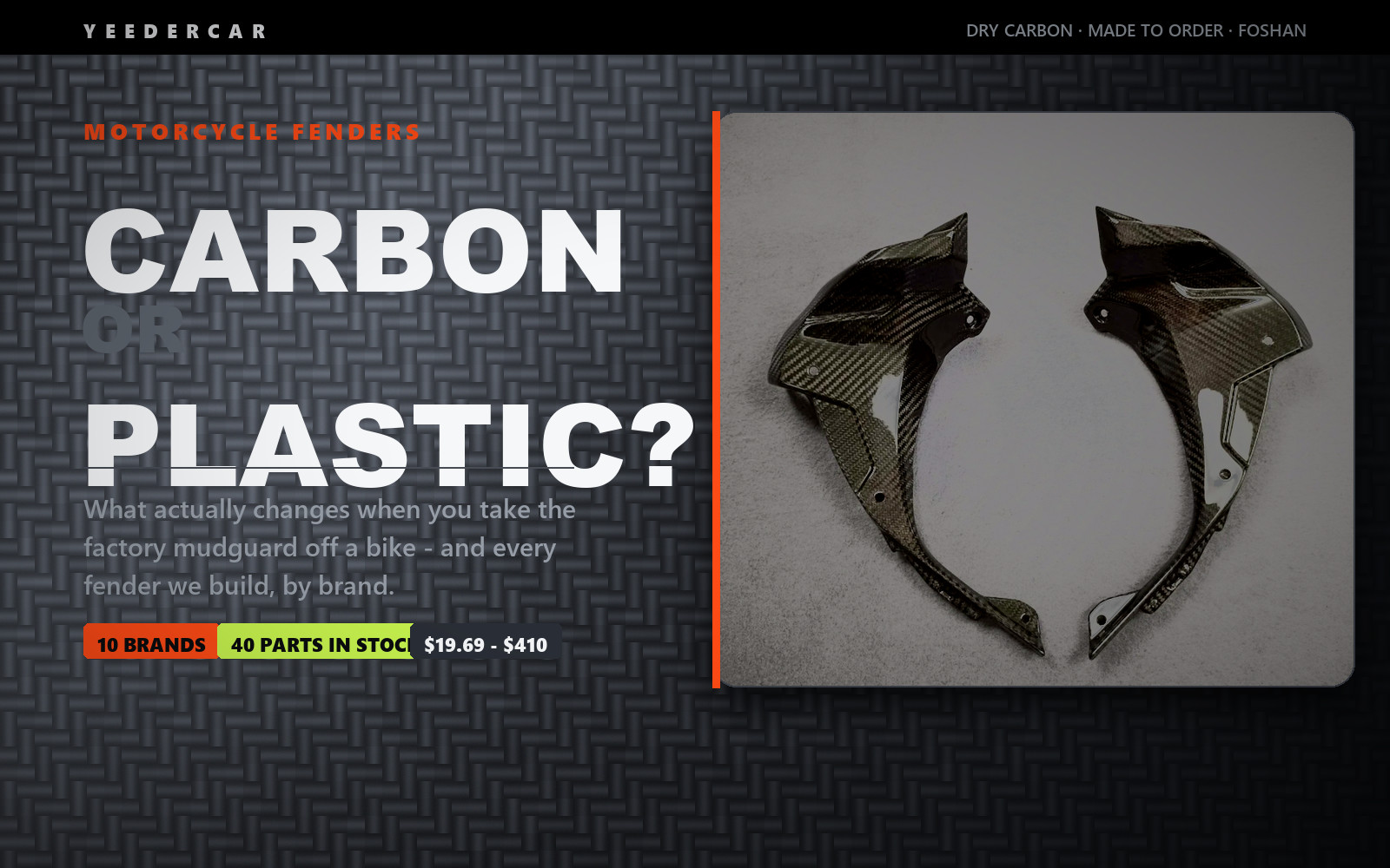 Carbon fiber motorcycle front fenders photographed in the Yeedercar workshop, over the headline Carbon or Plastic