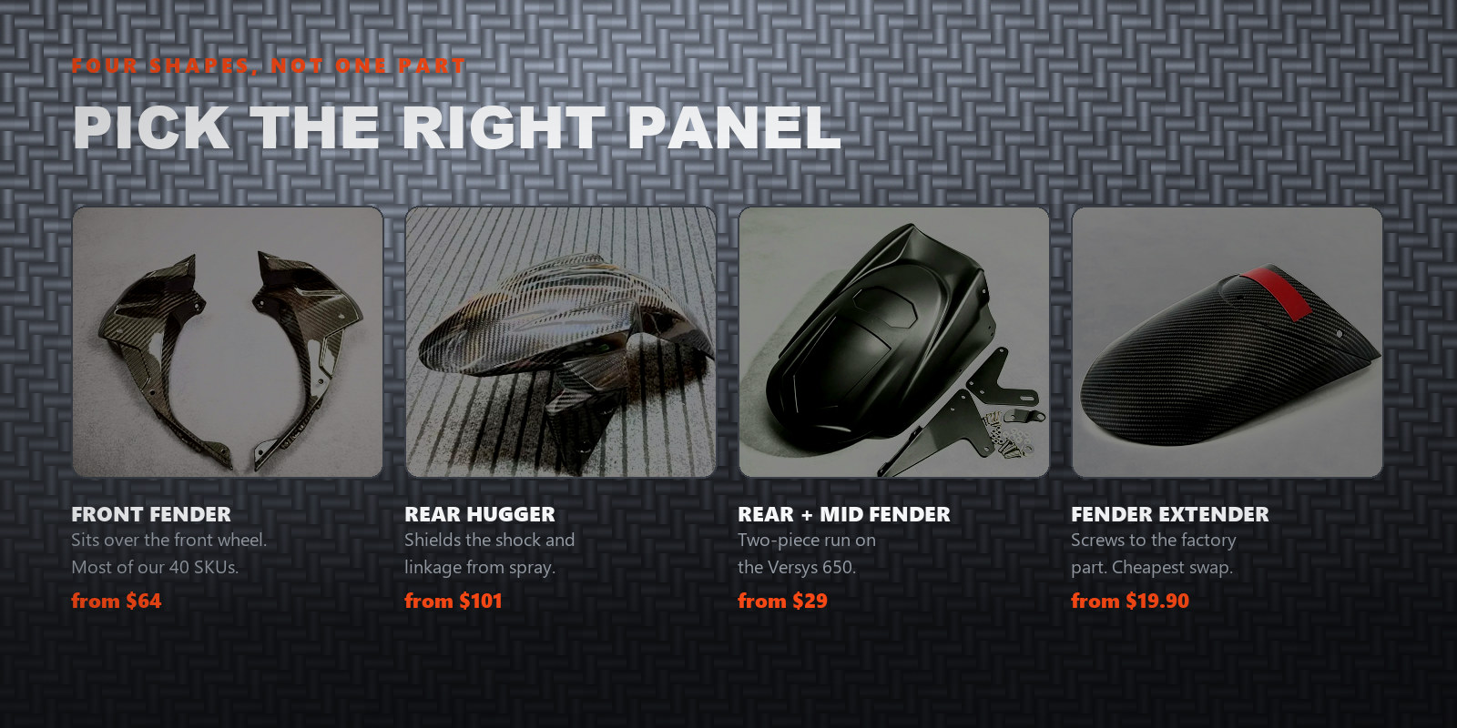 Poster showing four fender shapes: front fender, rear hugger, rear and mid fender, and fender extender